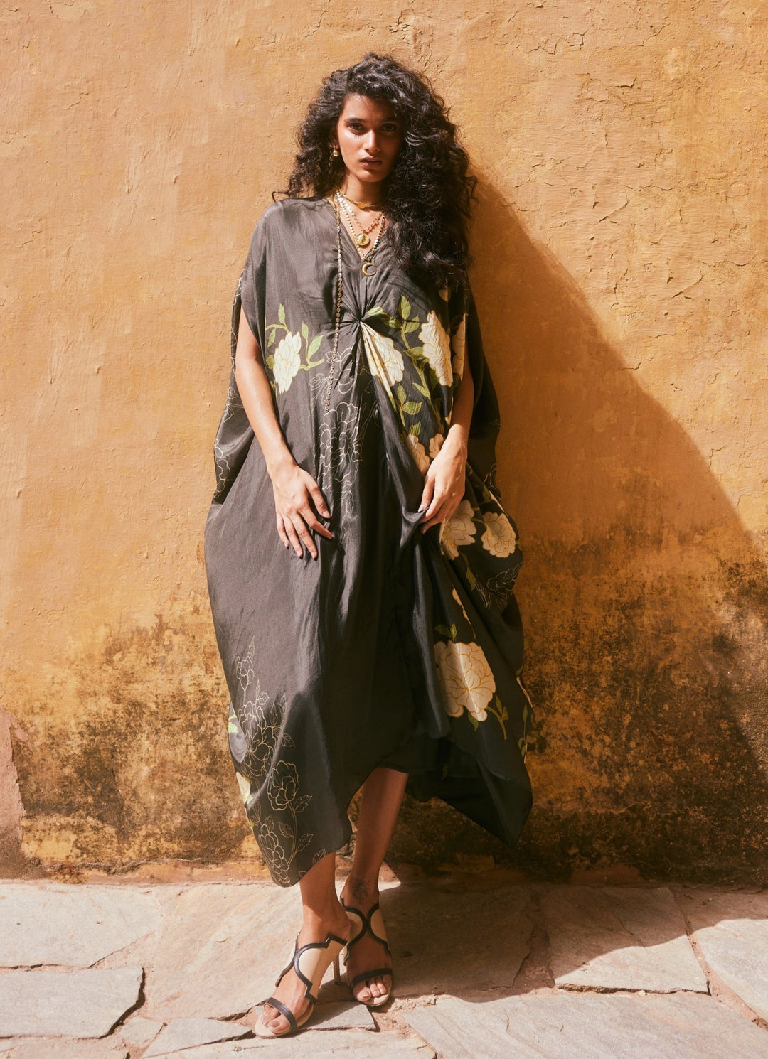 Black Floral Printed Silk Kaftan Paulmi and Harsh - Fabilicious Fashion