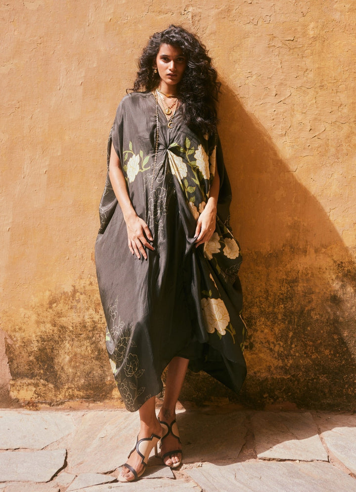 Black Floral Printed Silk Kaftan Paulmi and Harsh - Fabilicious Fashion