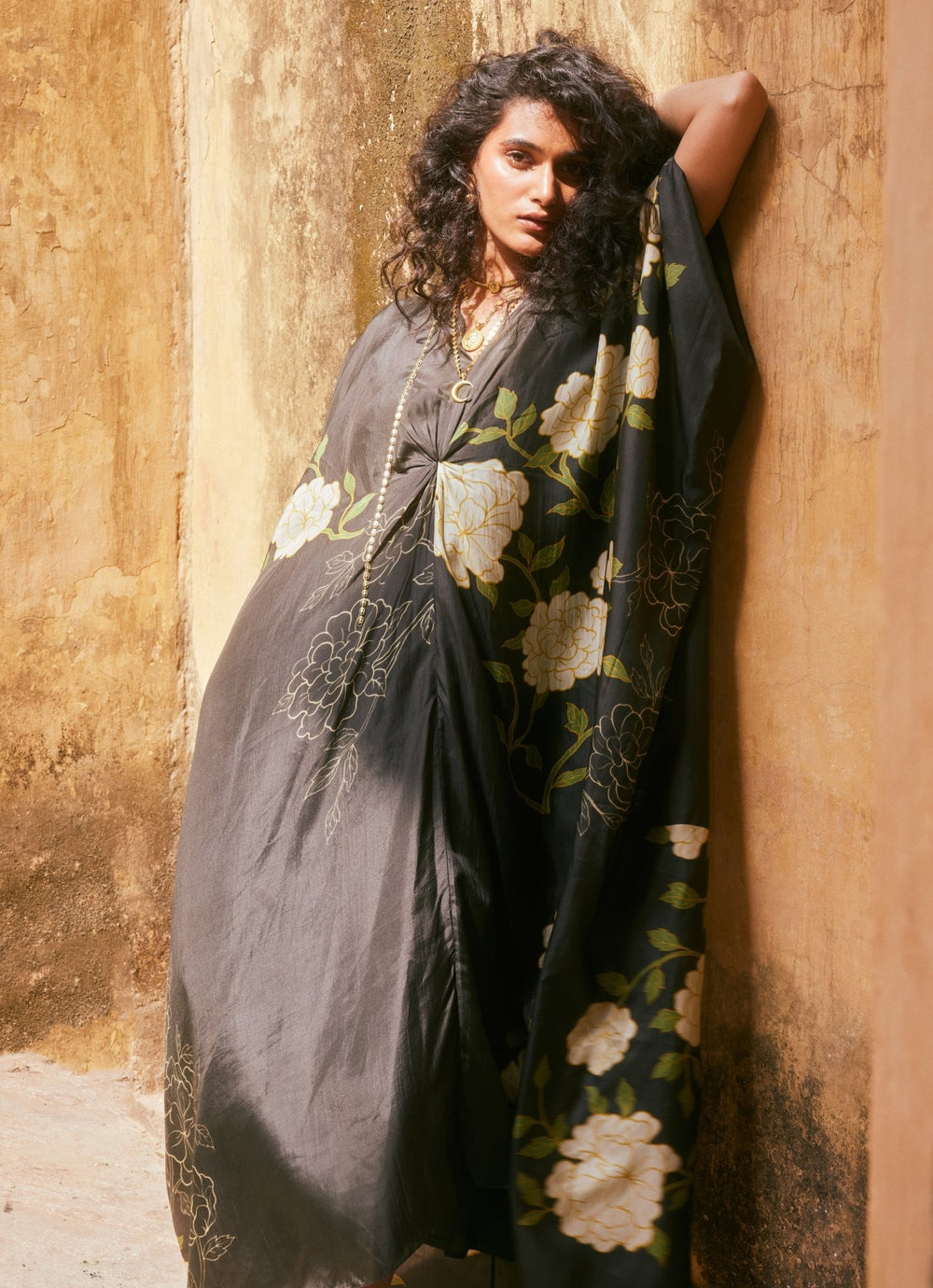 Black Floral Printed Silk Kaftan Paulmi and Harsh - Fabilicious Fashion