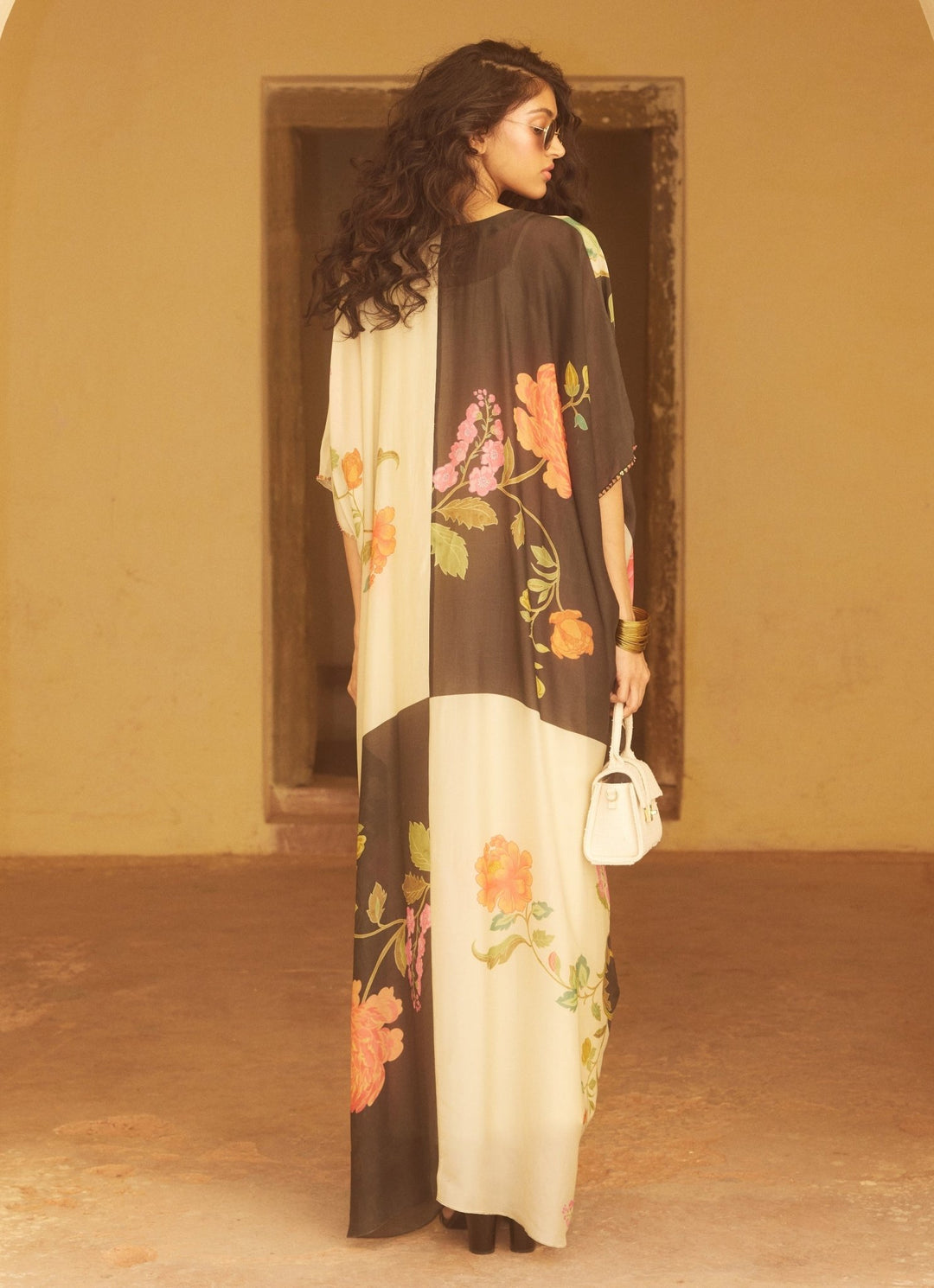 Black Floral Printed Silk Kaftan Paulmi and Harsh - Fabilicious Fashion