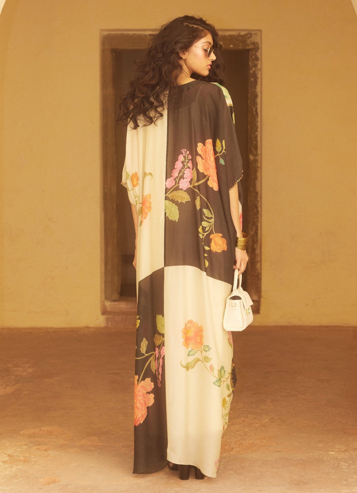 Black Floral Printed Silk Kaftan Paulmi and Harsh - Fabilicious Fashion
