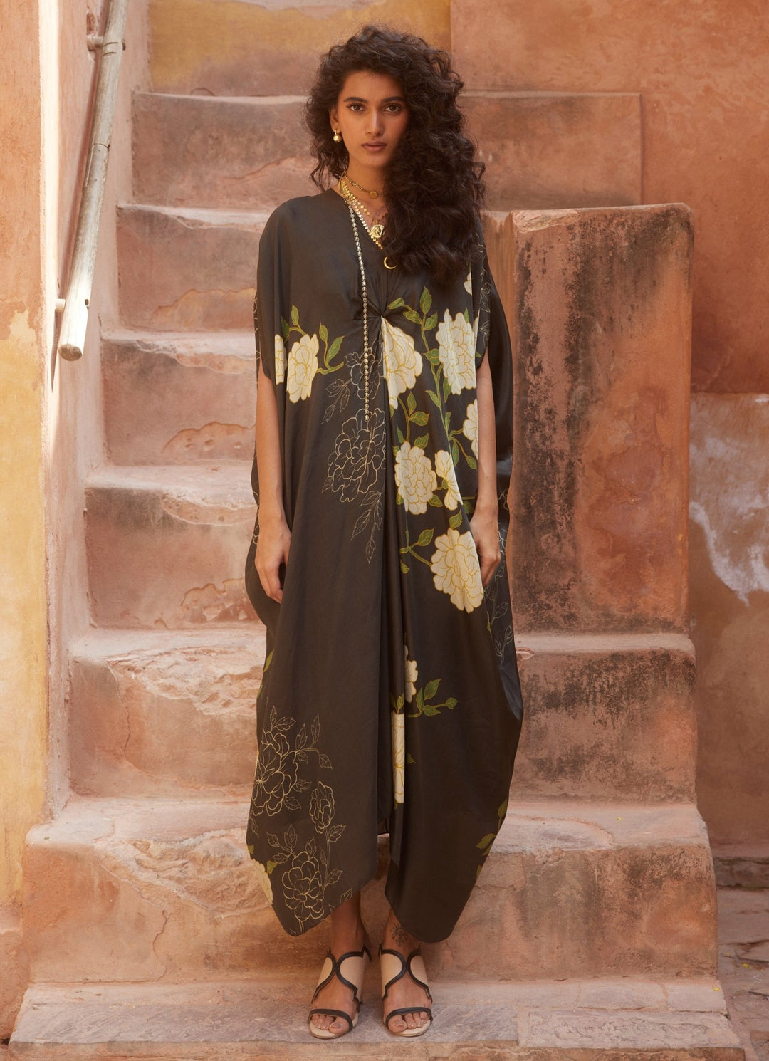 Black Floral Printed Silk Kaftan Paulmi and Harsh - Fabilicious Fashion