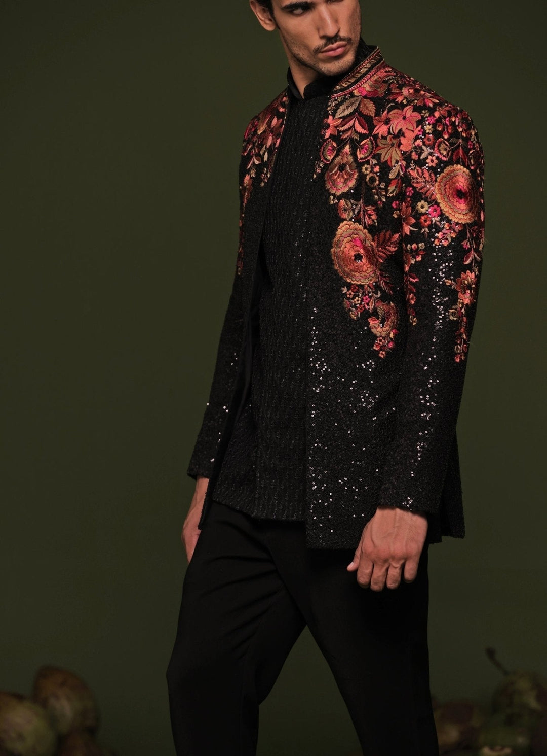 Black Floral Sequin Embroidered Jodhpuri Jacket Set Kalpraag - Fabilicious Fashion