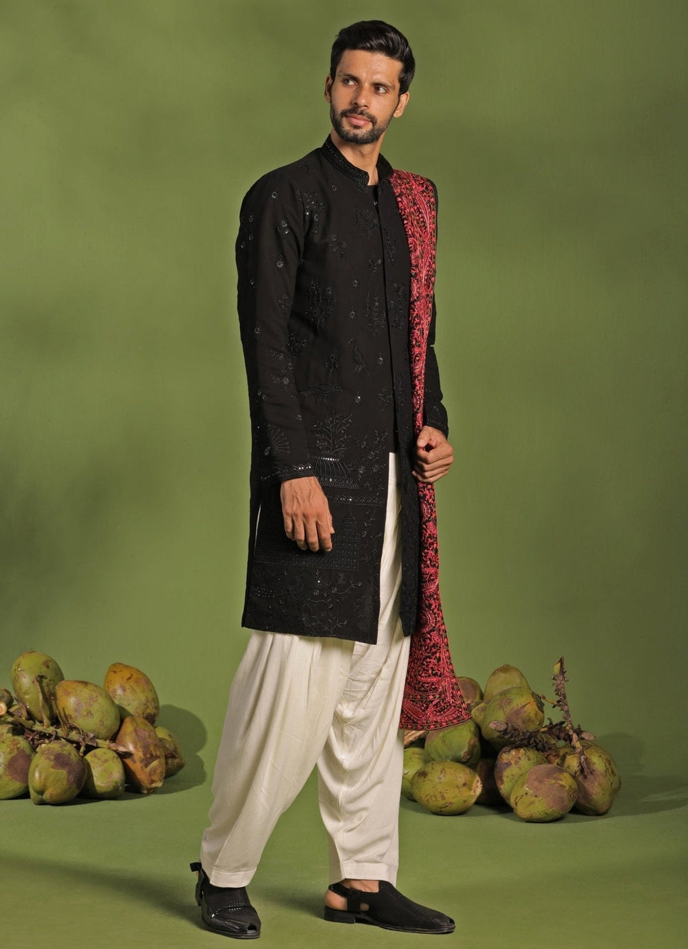 Black Front Open Kurta Patiala Pant Set With Dupatta Kalpraag - Fabilicious Fashion