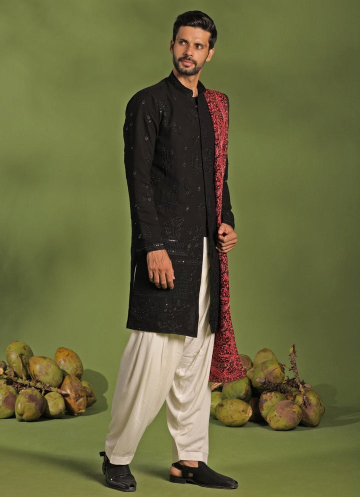 Black Front Open Kurta Patiala Pant Set With Dupatta Kalpraag - Fabilicious Fashion