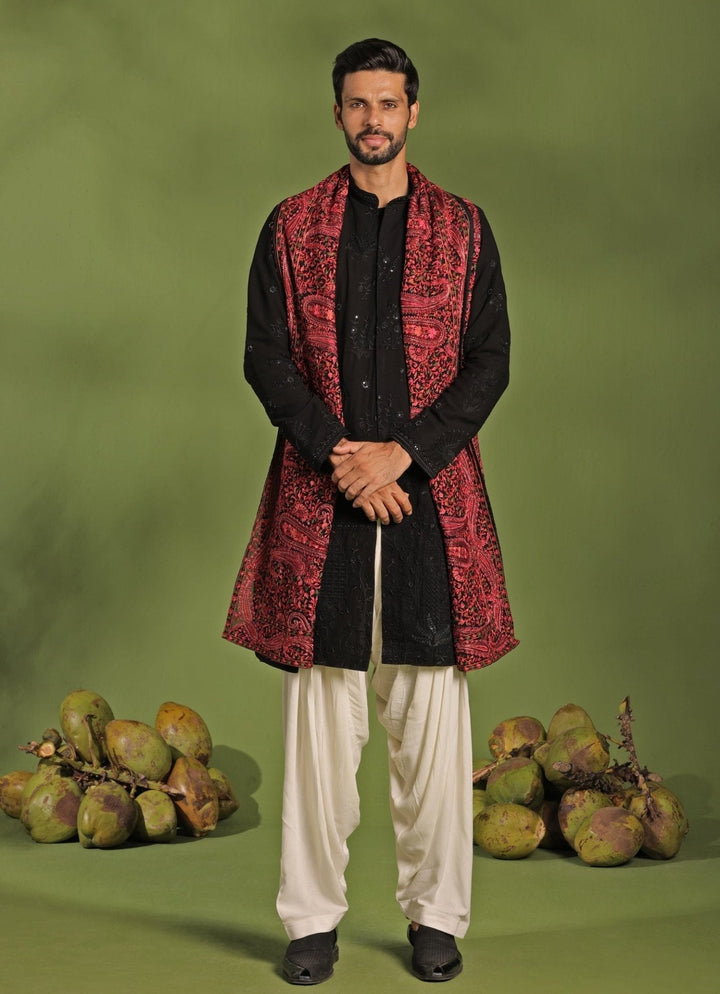 Black Front Open Kurta Patiala Pant Set With Dupatta Kalpraag - Fabilicious Fashion