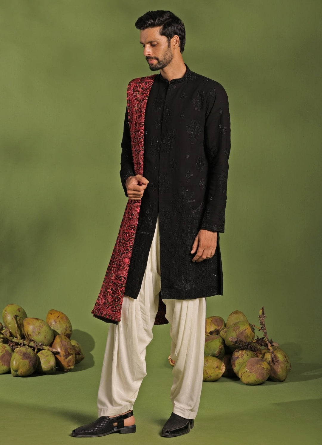 Black Front Open Kurta Patiala Pant Set With Dupatta Kalpraag - Fabilicious Fashion