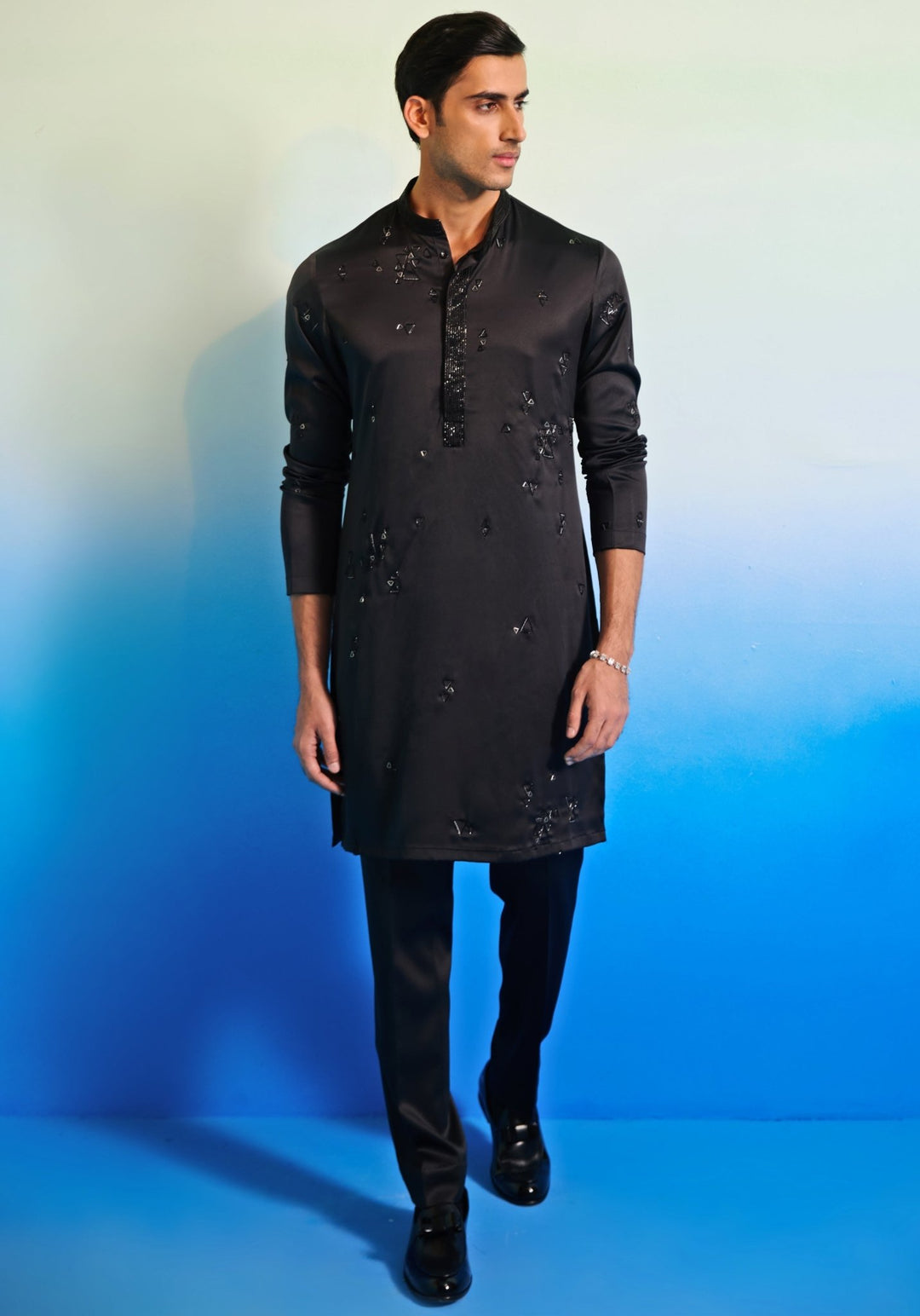 Black Geometric Embroidered Kurta Set Contrast by Parth - Fabilicious Fashion