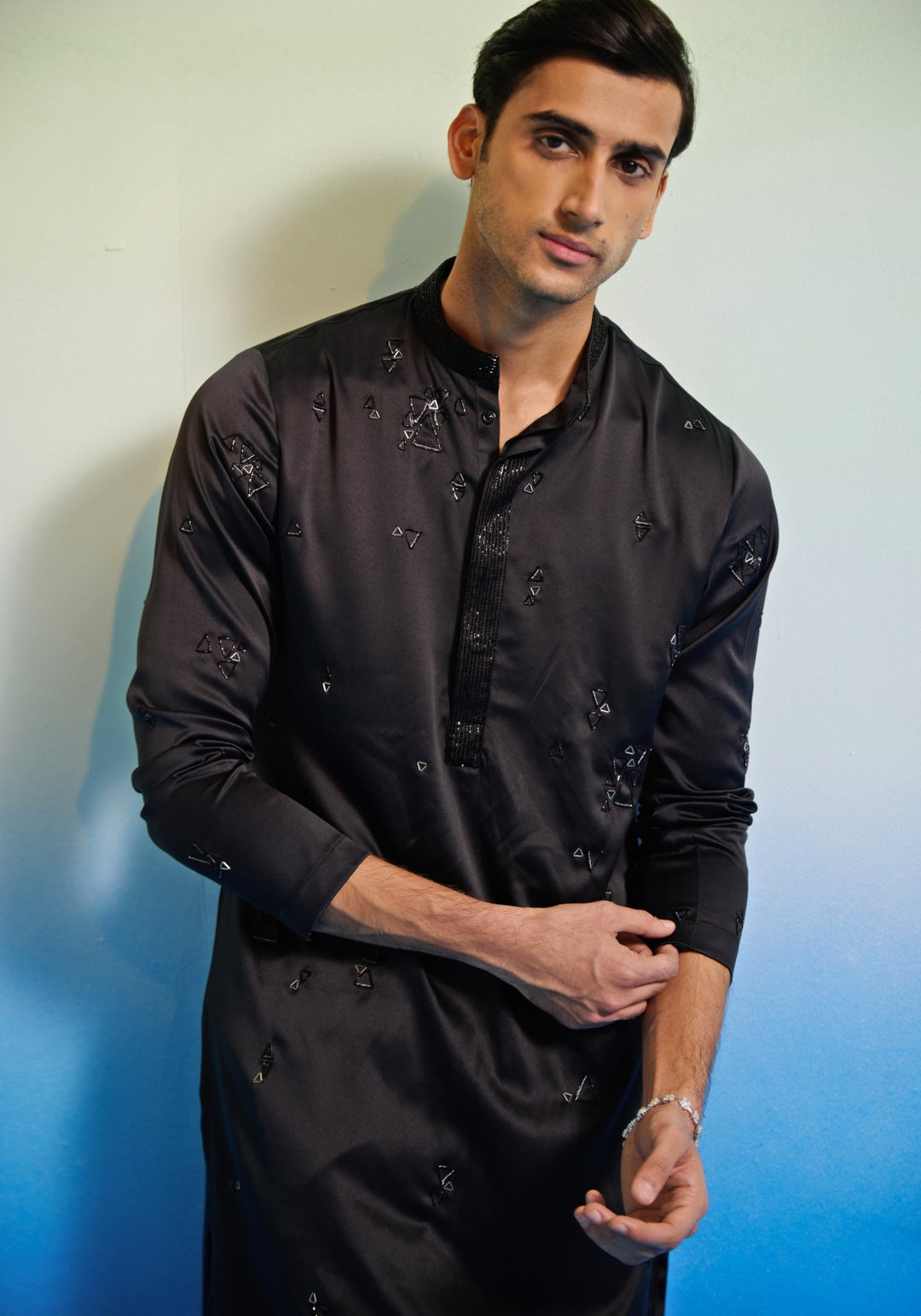 Black Geometric Embroidered Kurta Set Contrast by Parth - Fabilicious Fashion