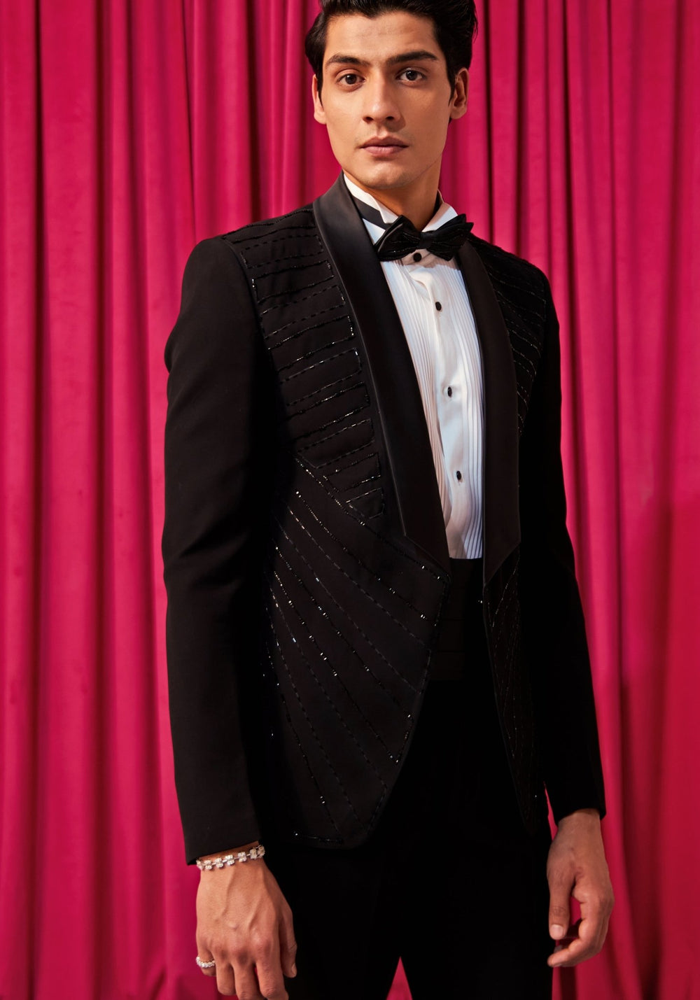 Black Geometric Embroidered Tuxedo Set Contrast by Parth - Fabilicious Fashion