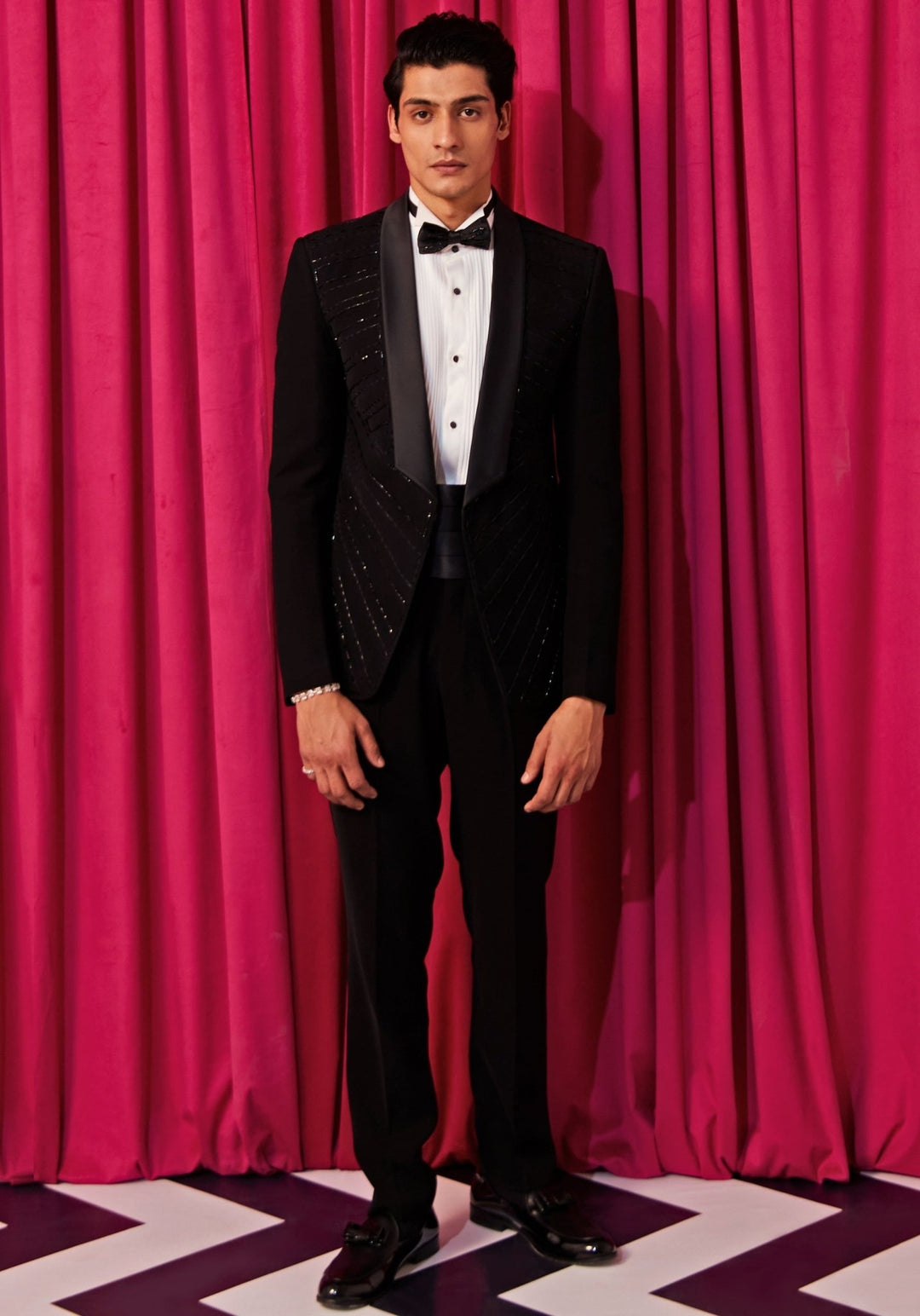 Black Geometric Embroidered Tuxedo Set Contrast by Parth - Fabilicious Fashion