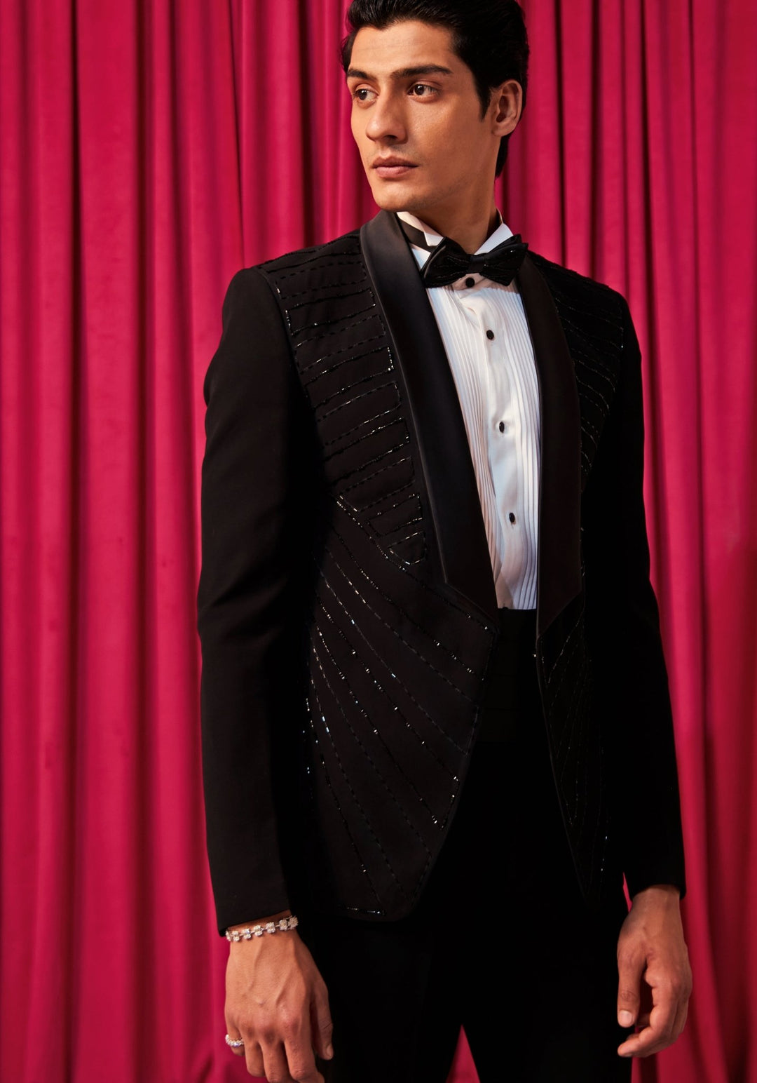 Black Geometric Embroidered Tuxedo Set Contrast by Parth - Fabilicious Fashion