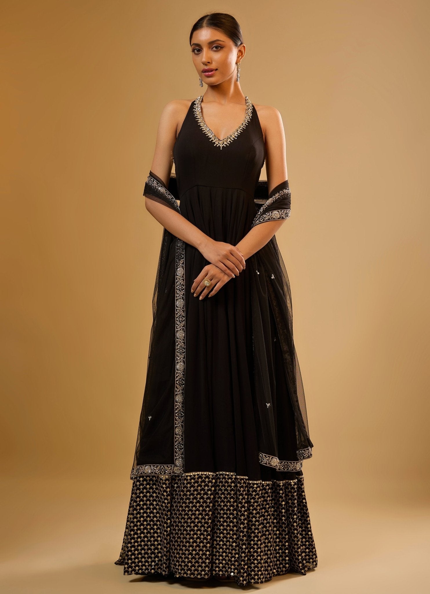 Black georgette anarkali gown — eid kurta set for host with a clean, modern silhouette