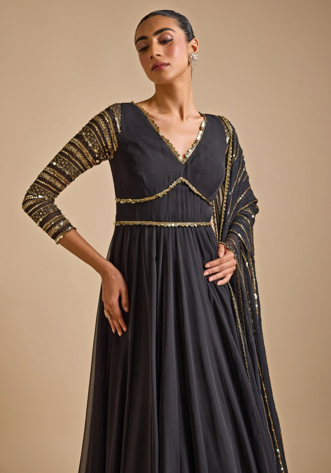 Black Georgette Embroidered Anarkali Gown Prevasu - Fabilicious Fashion