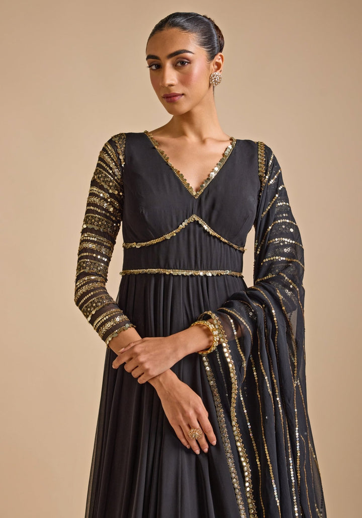 Black Georgette Embroidered Anarkali Gown Prevasu - Fabilicious Fashion