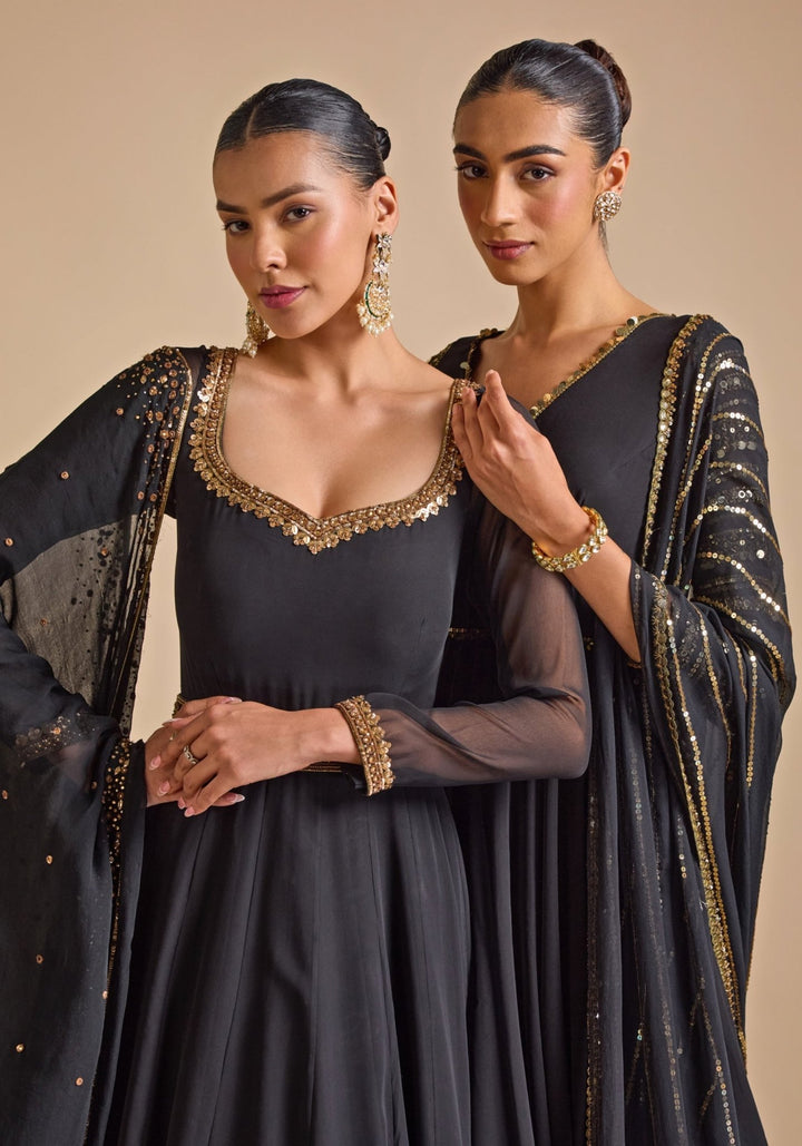 Black Georgette Embroidered Anarkali Gown Prevasu - Fabilicious Fashion