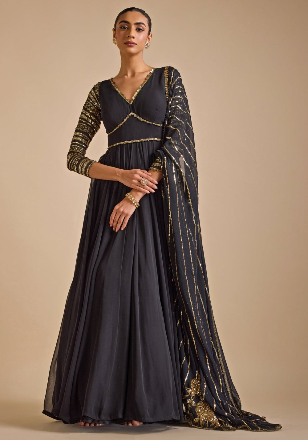 Black Georgette Embroidered Anarkali Gown Prevasu - Fabilicious Fashion