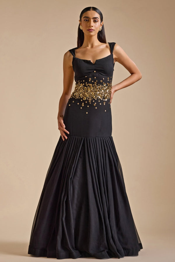 Black georgette embroidered gown for a wedding reception
