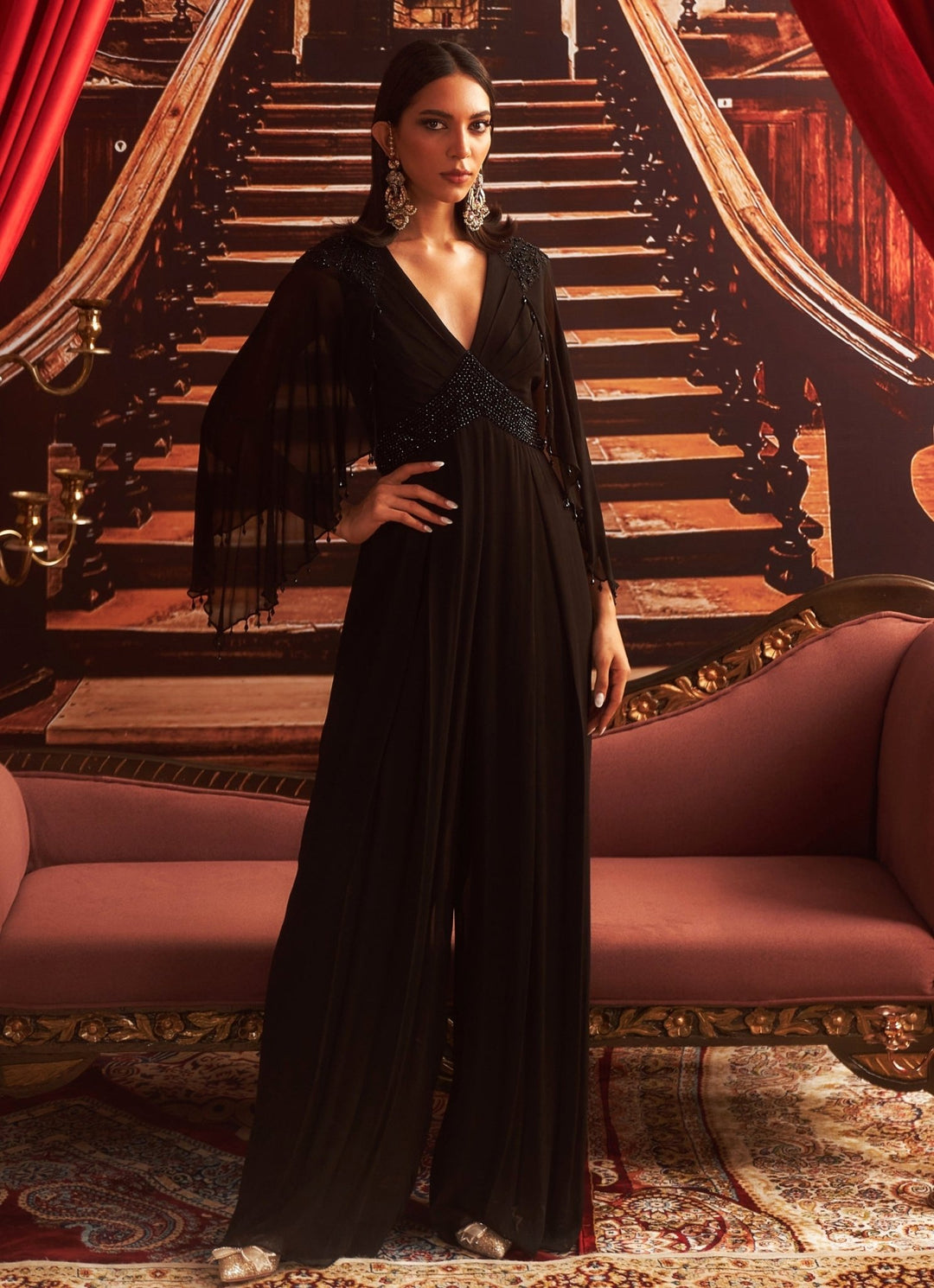 Black Georgette Embroidered Jumpsuit Seema Thukral - Fabilicious Fashion