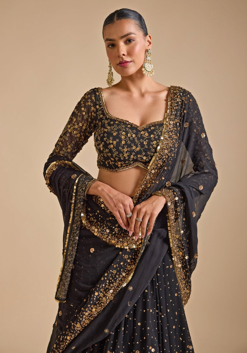 Black Georgette Embroidered Lehenga set Prevasu - Fabilicious Fashion