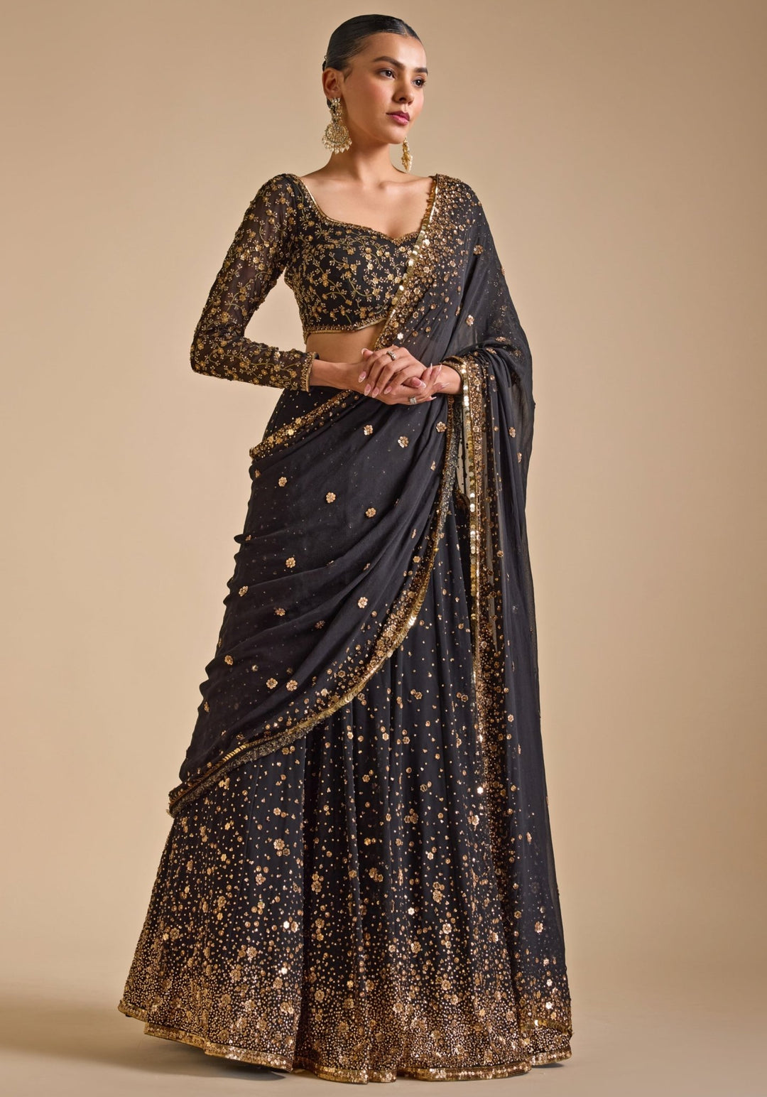 Black Georgette Embroidered Lehenga set Prevasu - Fabilicious Fashion