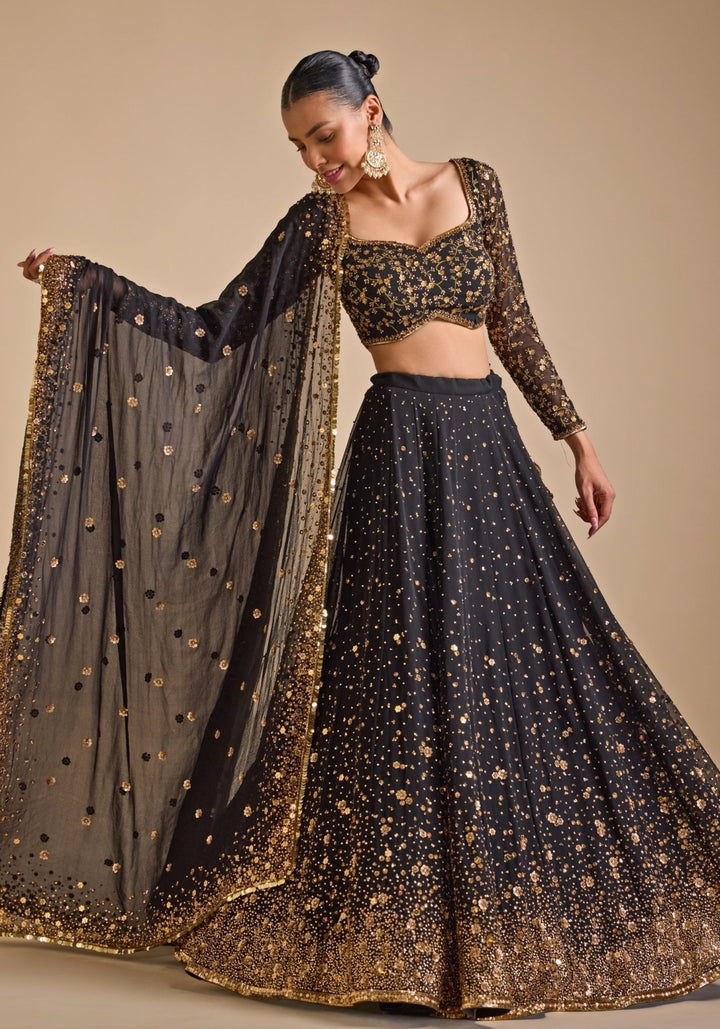 Black Georgette Embroidered Lehenga set Prevasu - Fabilicious Fashion