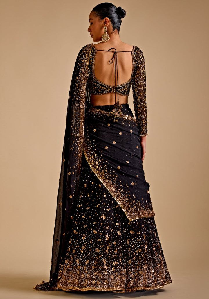 Black Georgette Embroidered Lehenga set Prevasu - Fabilicious Fashion
