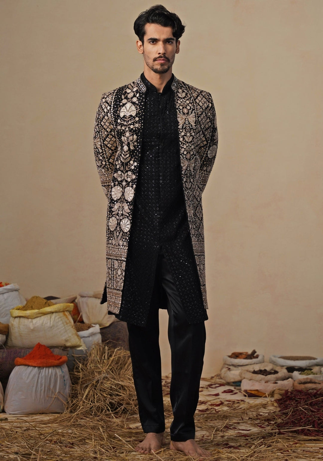 Black Georgette Indo - western Long Jacket Set Kalpraag - Fabilicious Fashion