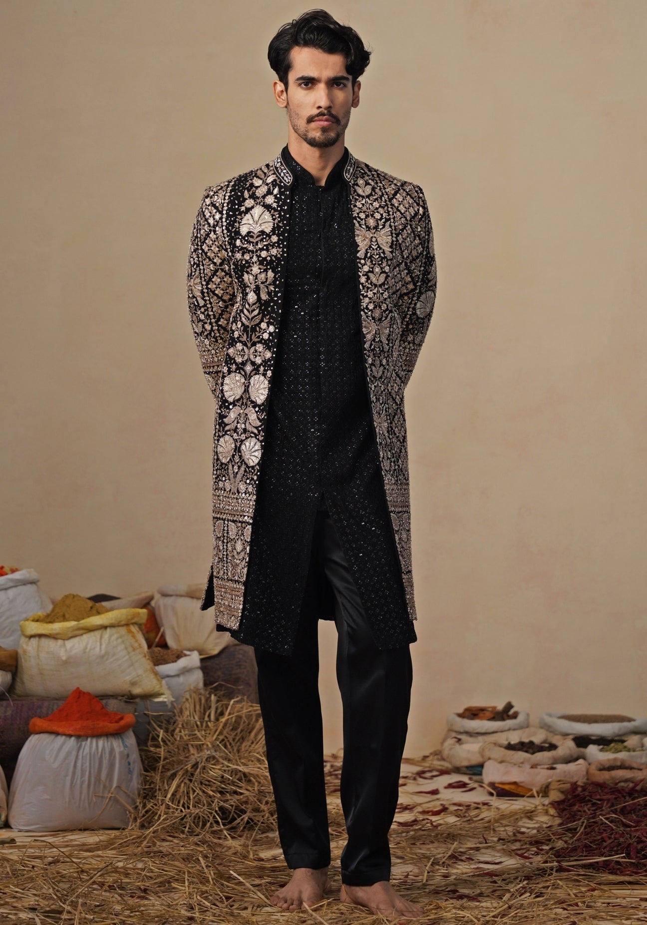 Black georgette indo-western long jacket set by Kalpraag — black indo-western for men