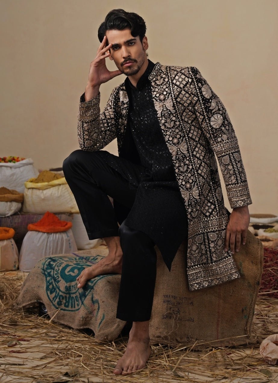 Black Georgette Indo - western Long Jacket Set Kalpraag - Fabilicious Fashion