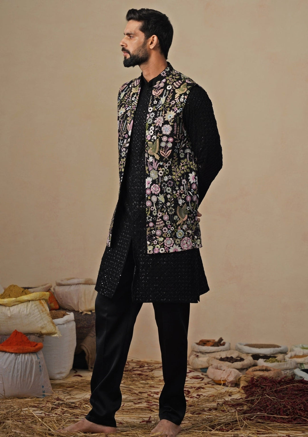 Black Georgette Kurta Jacket Set Kalpraag - Fabilicious Fashion