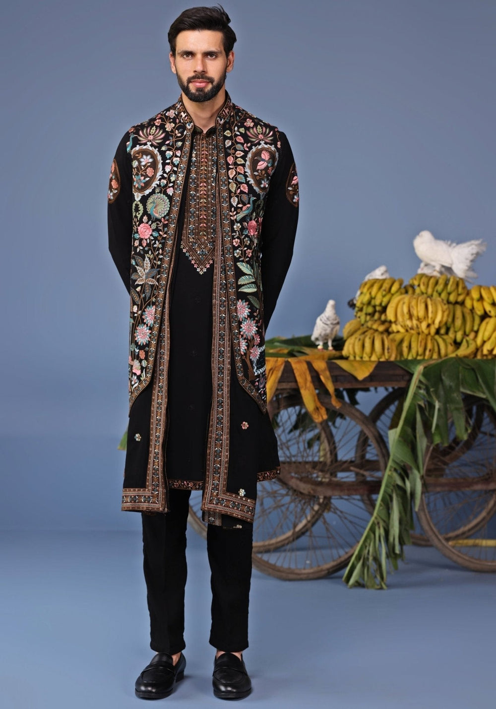Black Georgette Kurta Pant Set with Embroidered Jacket Kalpraag - Fabilicious Fashion