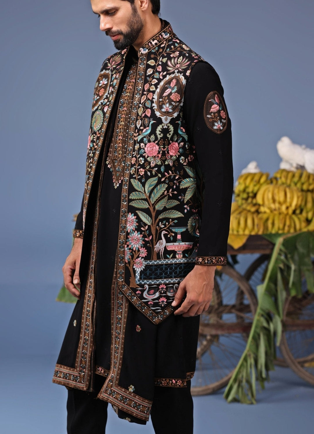 Black Georgette Kurta Pant Set with Embroidered Jacket Kalpraag - Fabilicious Fashion