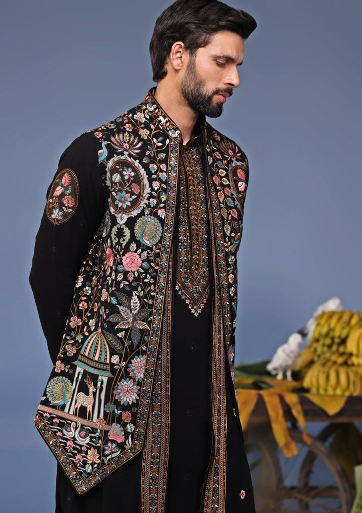 Black Georgette Kurta Pant Set with Embroidered Jacket Kalpraag - Fabilicious Fashion