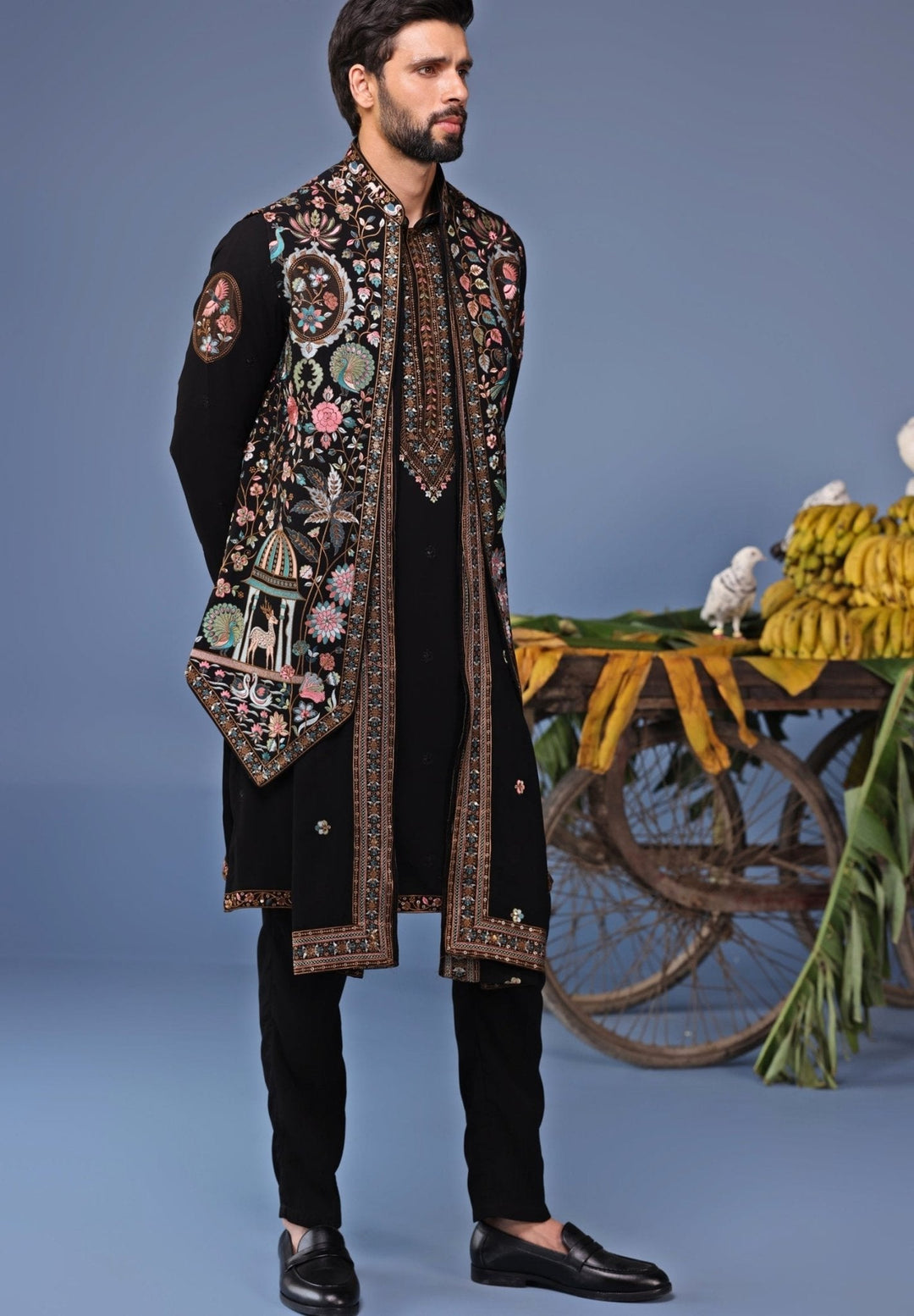 Black Georgette Kurta Pant Set with Embroidered Jacket Kalpraag - Fabilicious Fashion