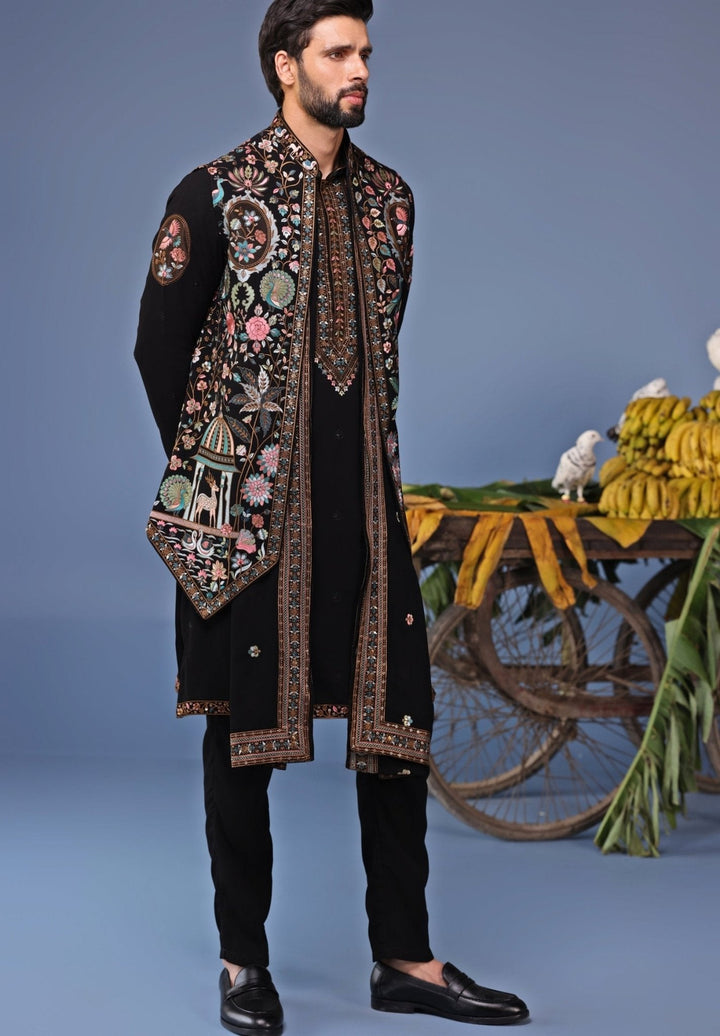 Black Georgette Kurta Pant Set with Embroidered Jacket Kalpraag - Fabilicious Fashion