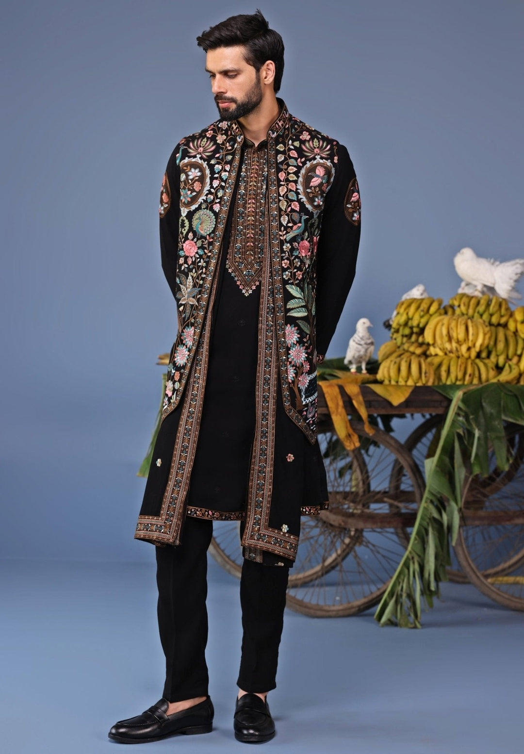 Black Georgette Kurta Pant Set with Embroidered Jacket Kalpraag - Fabilicious Fashion