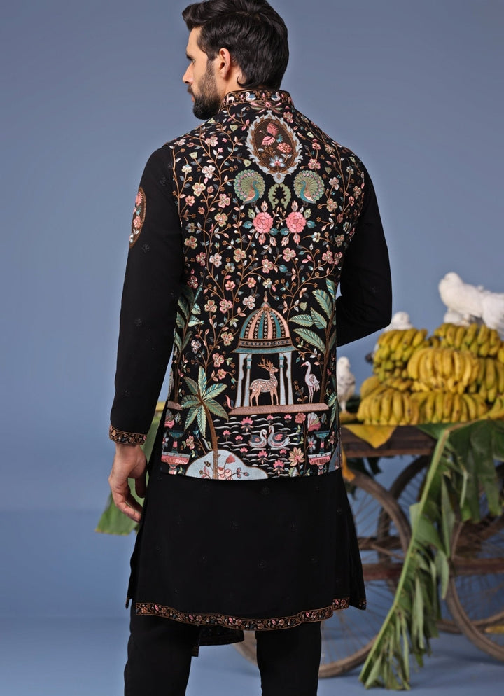 Black Georgette Kurta Pant Set with Embroidered Jacket Kalpraag - Fabilicious Fashion