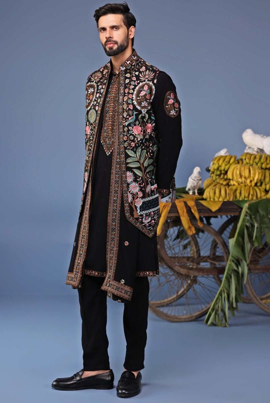 Black Georgette Kurta Pant Set with Embroidered Jacket Kalpraag - Fabilicious Fashion
