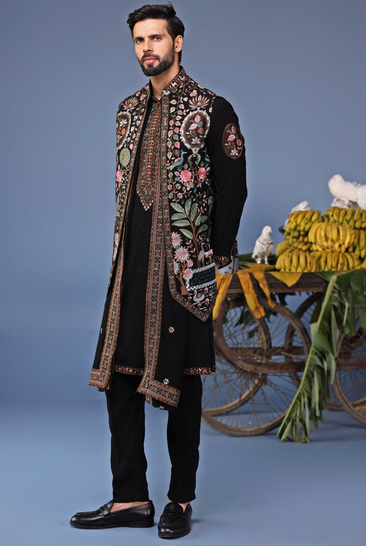 Black Georgette Kurta Pant Set with Embroidered Jacket Kalpraag - Fabilicious Fashion