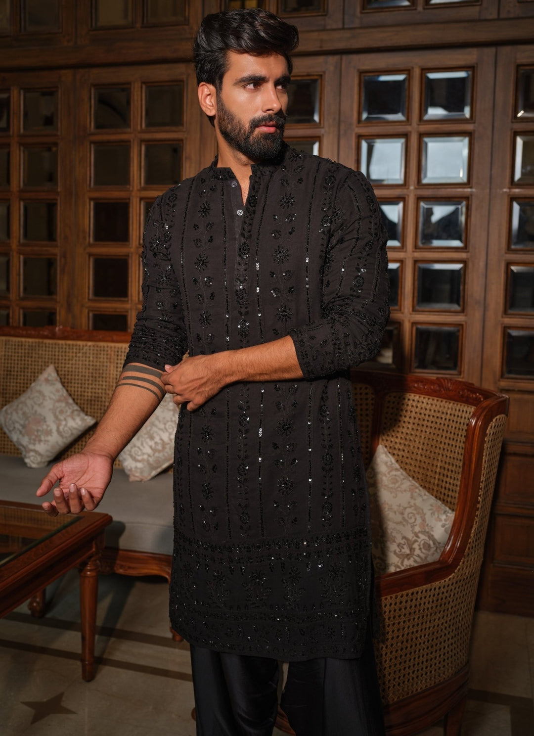 Darzi House Black Georgette Kurta Pants SetFabilicious Fashion
