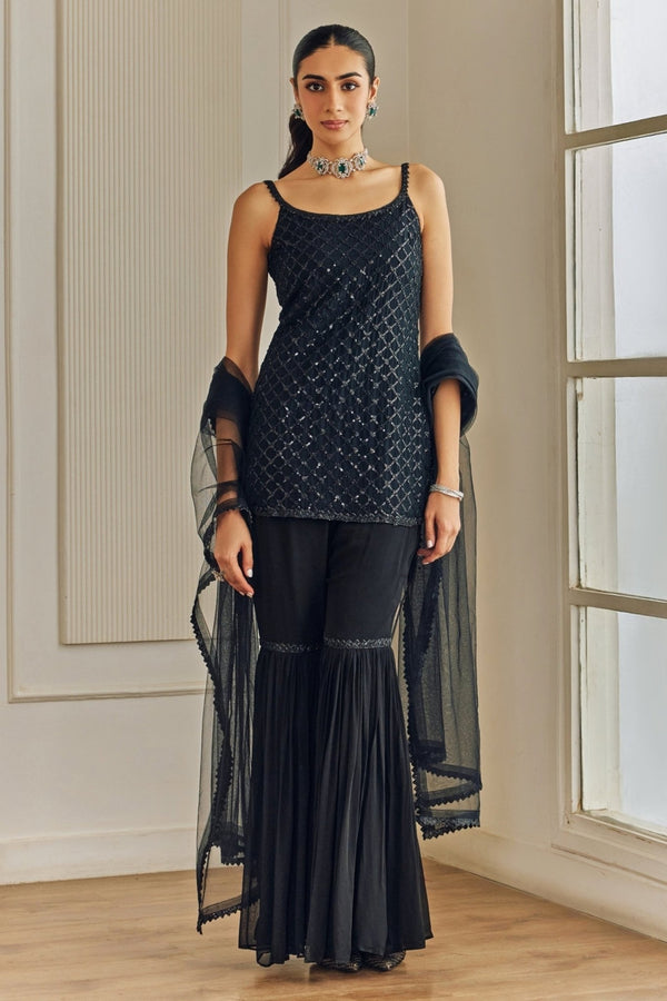 Black georgette kurta sharara set for a reception by Studio Iris