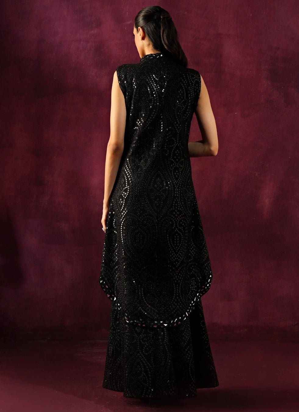 Twenty Nine Black Georgette Mirrorwork Asymmetric Kurta Sharara SetFabilicious Fashion