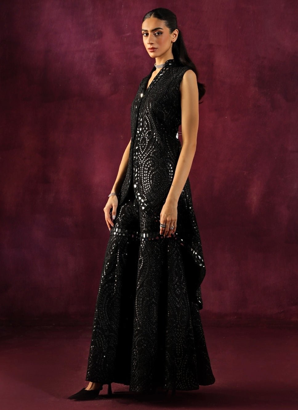 Twenty Nine Black Georgette Mirrorwork Asymmetric Kurta Sharara SetFabilicious Fashion