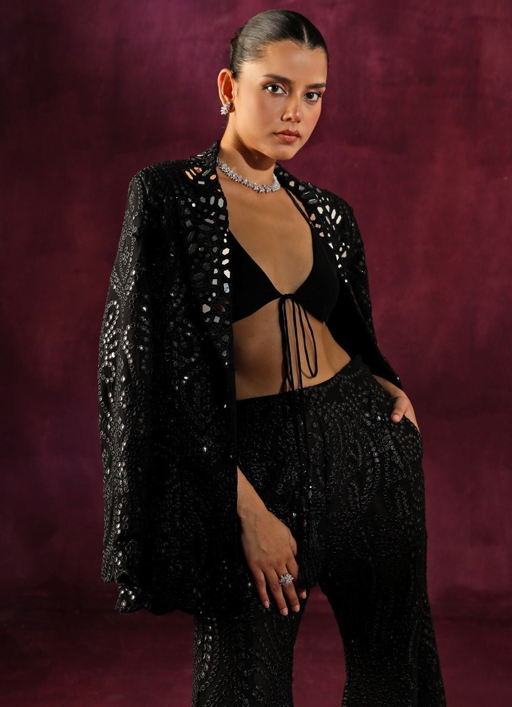Twenty Nine Black Georgette Mirrorwork Blazer Pants SetFabilicious Fashion