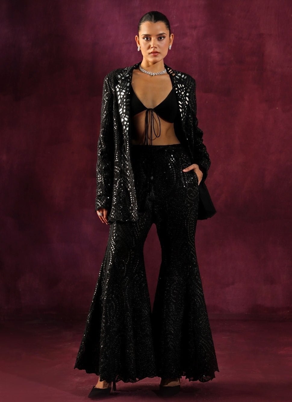 Twenty Nine Black Georgette Mirrorwork Blazer Pants SetFabilicious Fashion
