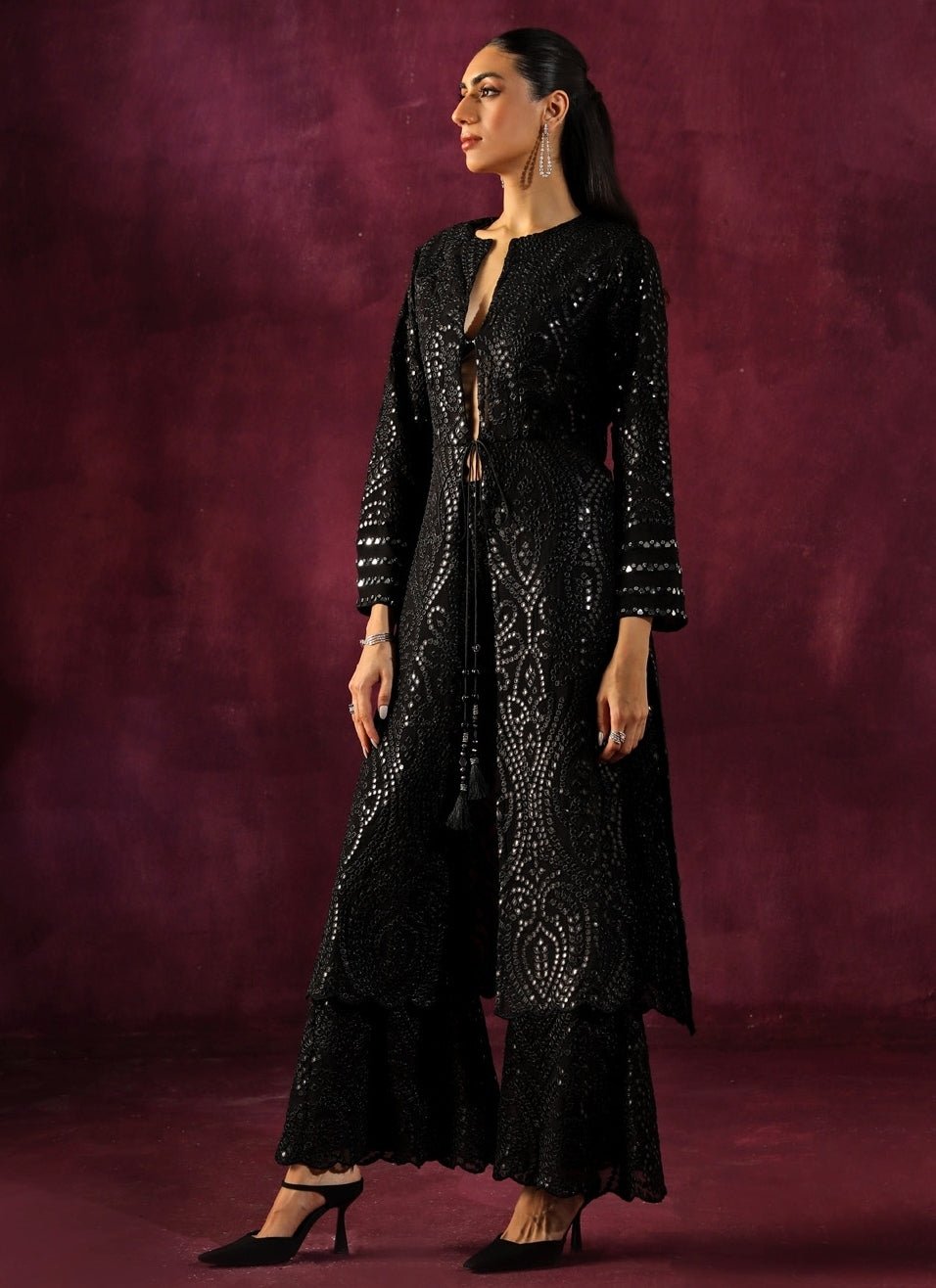Twenty Nine Black Georgette Mirrorwork Long Kurta Palazzo SetFabilicious Fashion