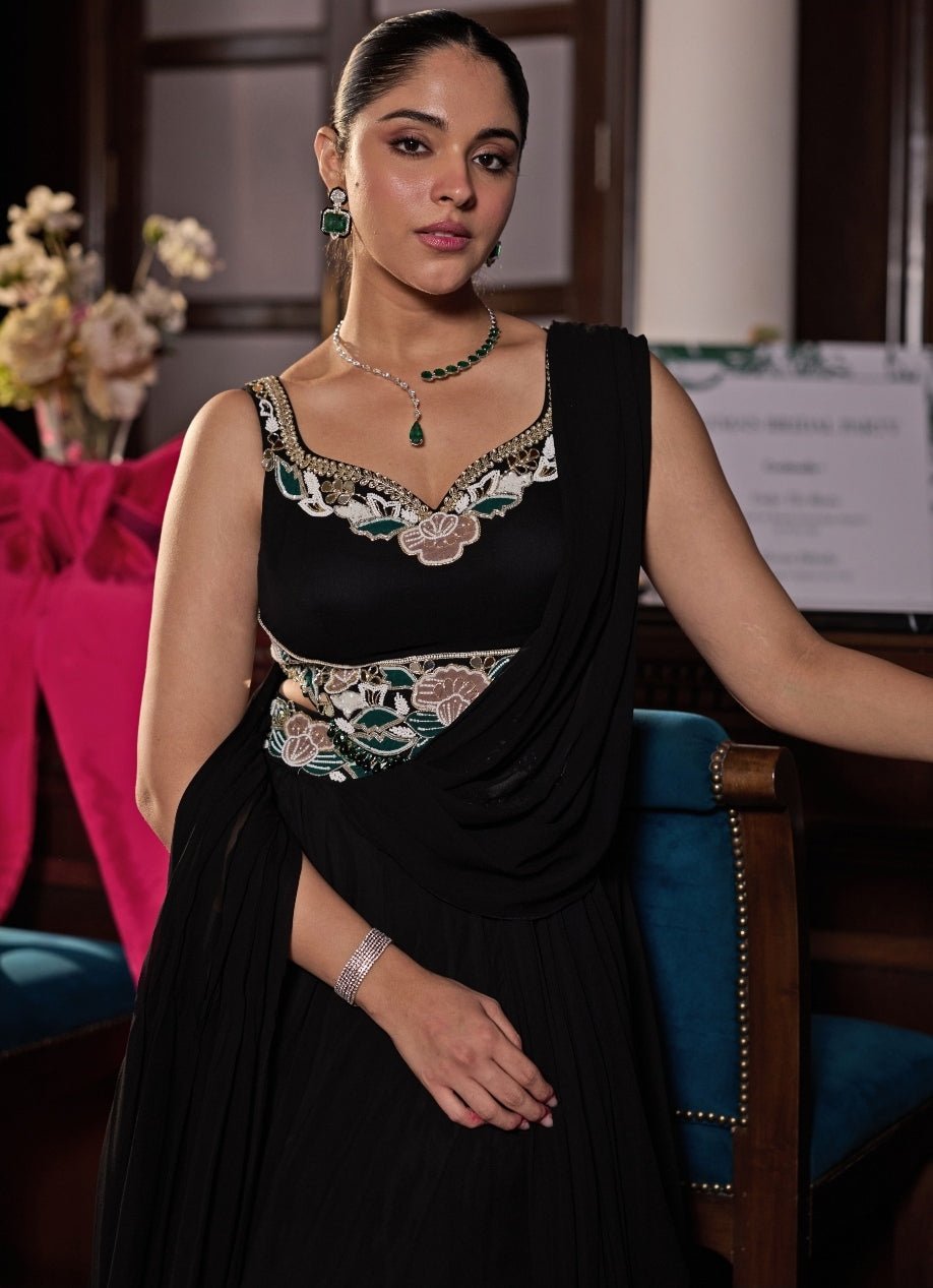 Black Georgette Pre Draped Concept Saree Seema Thukral - Fabilicious Fashion