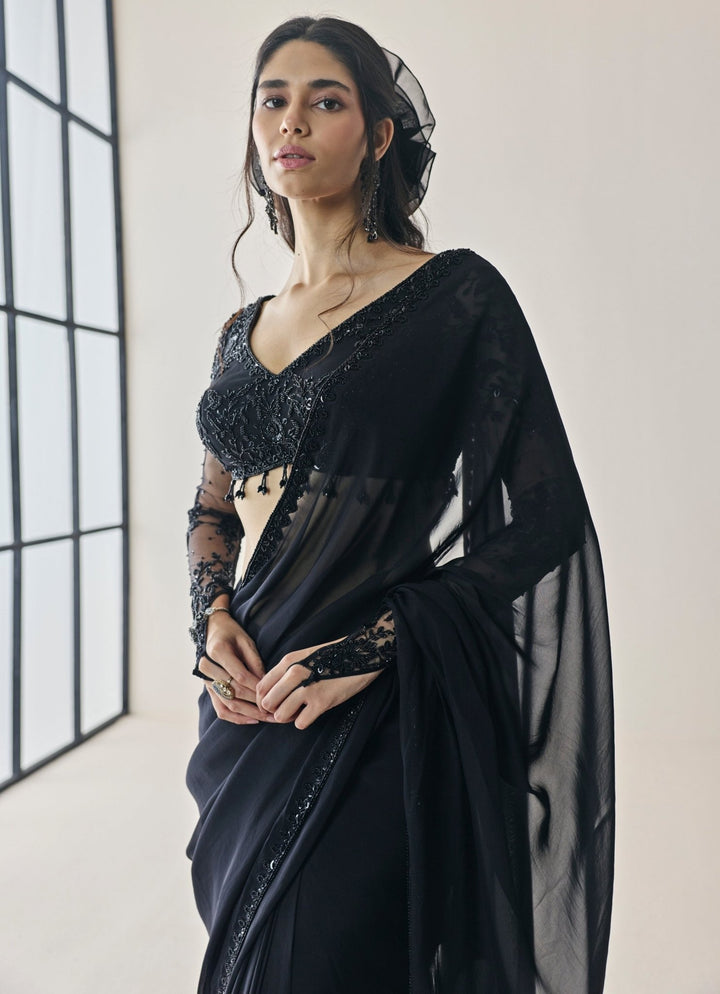 Seema Thukral Black Georgette Pre-Draped Saree SetFabilicious Fashion
