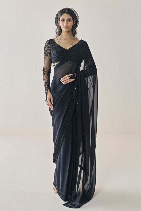 Seema Thukral black embellished georgette pre-draped saree set for a Diwali party
